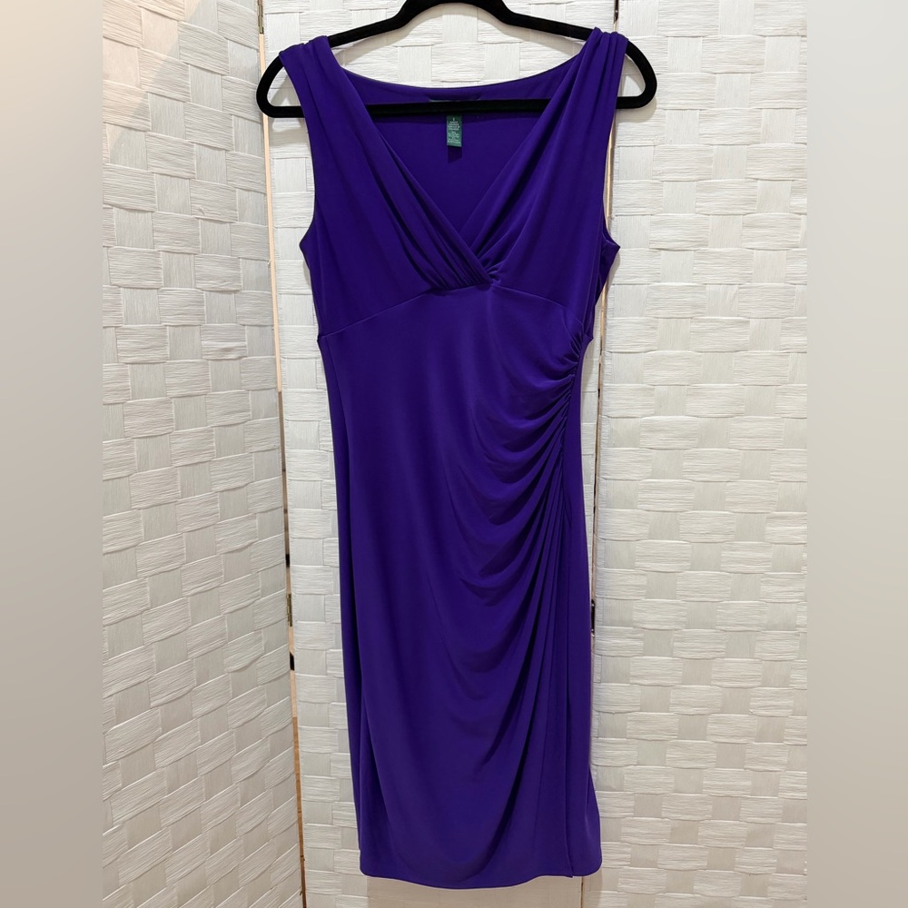 Lauren Ralph Lauren Purple Ruched Midi Dress Sleeveless V Neck Side Slit Size 6
